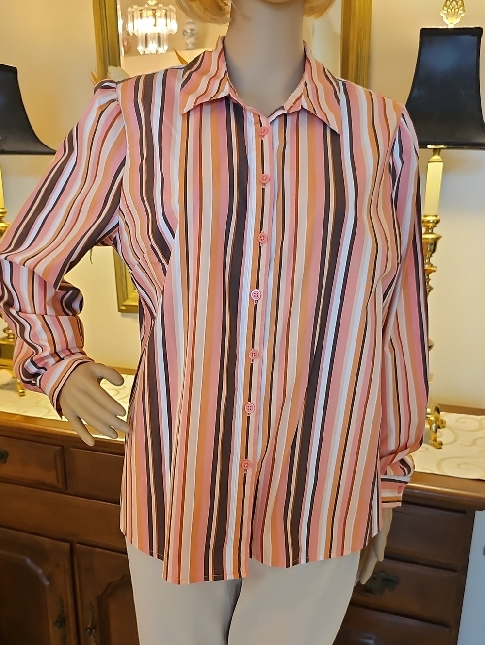 Denim & Co. Printed Soft Stretch Poplin Button Front Shirred Shirt